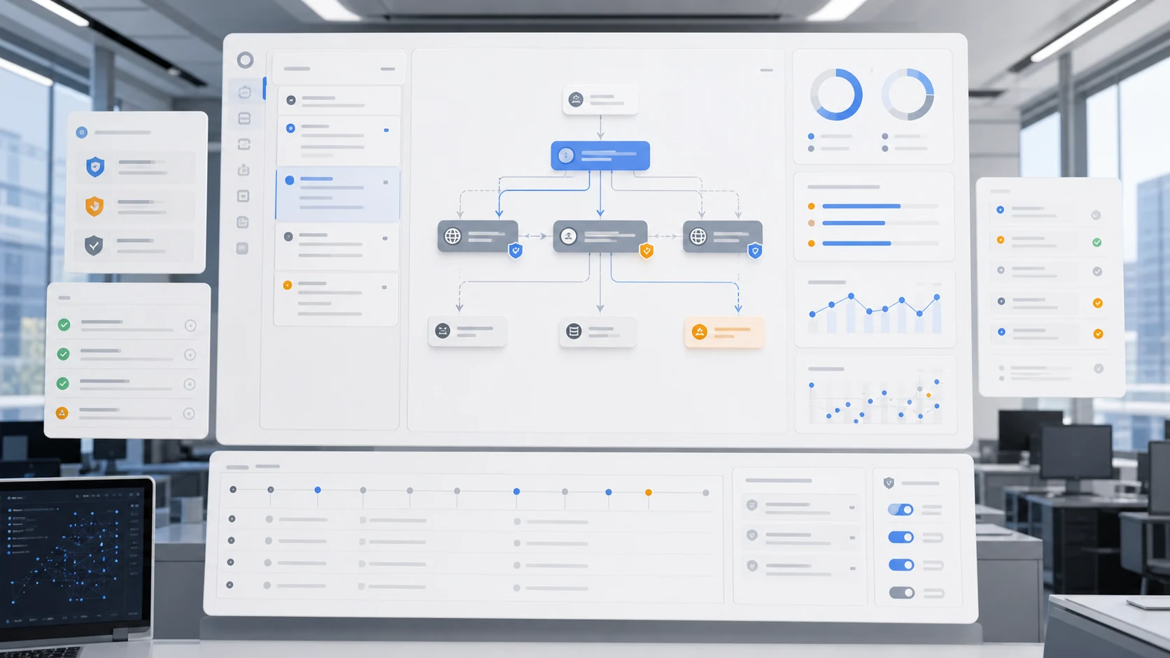 Concept AI control board showing workflow policy, evaluation, approval, audit, and incident evidence