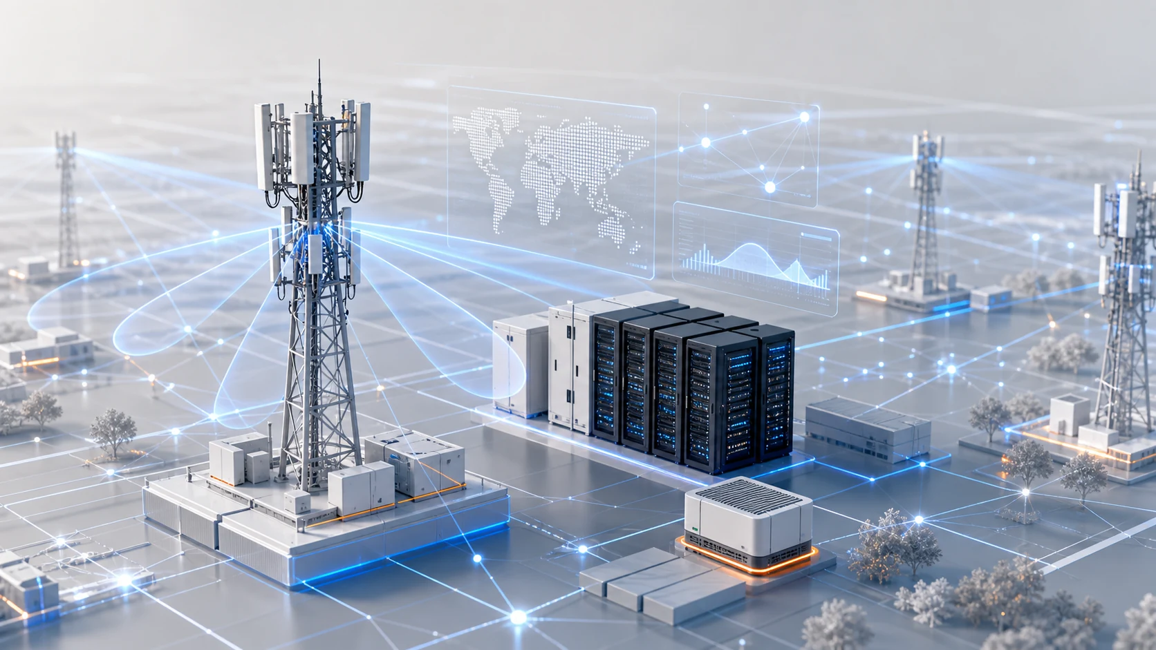 AI-native telecom network with radio towers, edge servers, orchestration panels, and glowing blue network paths