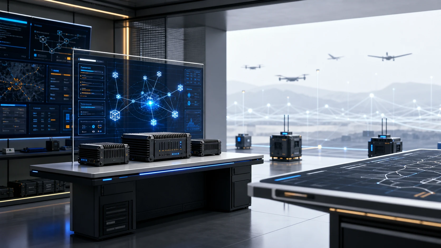 High-assurance defense AI edge lab with rugged compute modules, transparent command interface, and autonomous systems in the distance