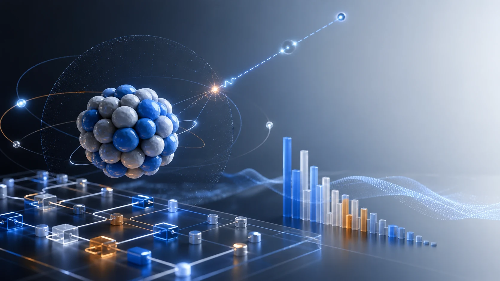 Scientific visualization of a nuclear response workflow with quantum circuit traces and moment bars