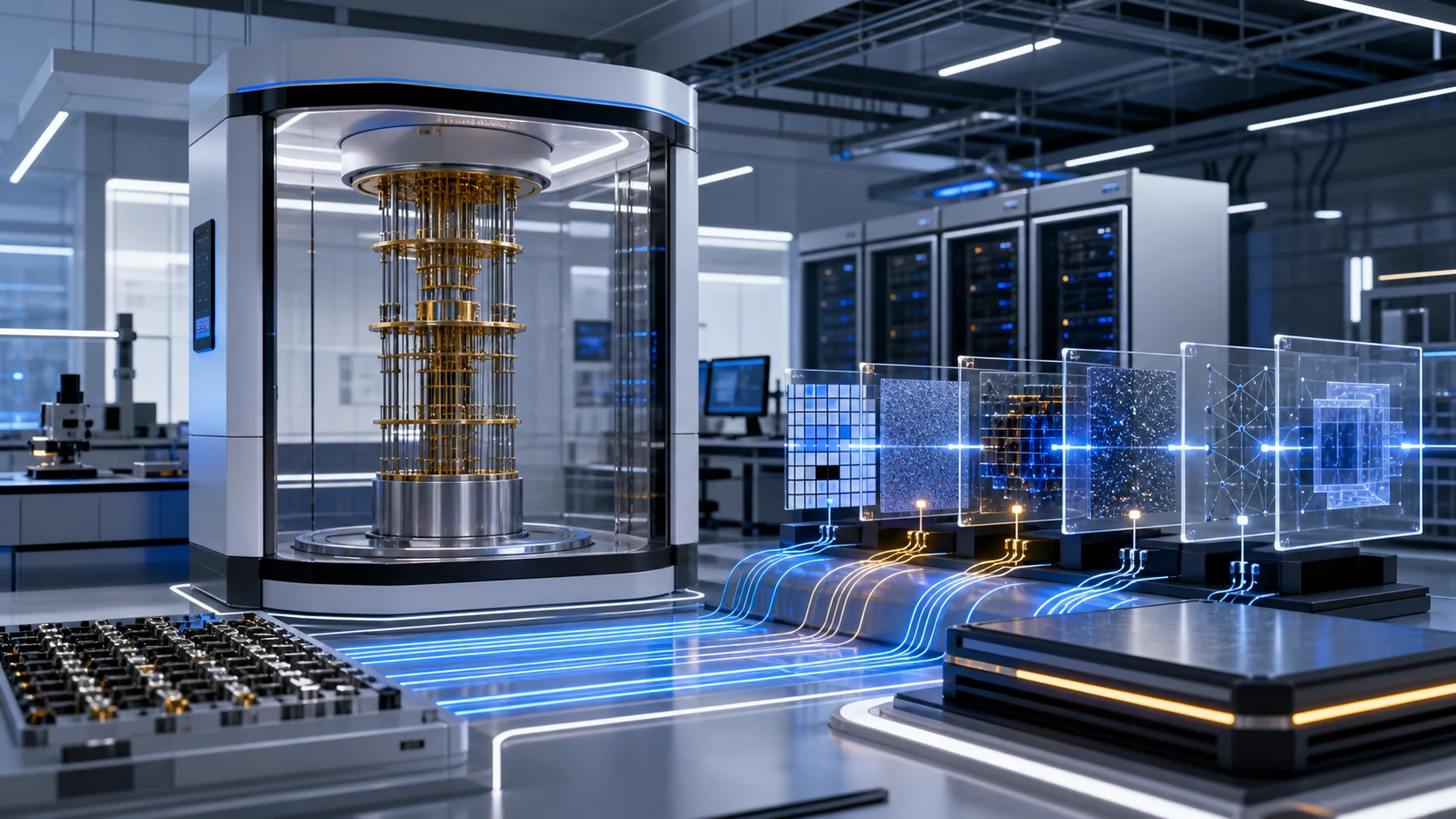 Fault-tolerant quantum lab with cryostat, quantum-classical processing panels, data paths, and evidence artifacts