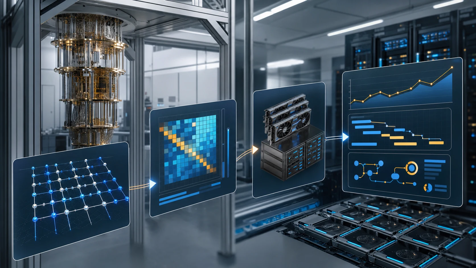 Quantum AI workflow evidence board with hybrid quantum-classical execution, AI analysis, baselines, resource estimates, and decision records