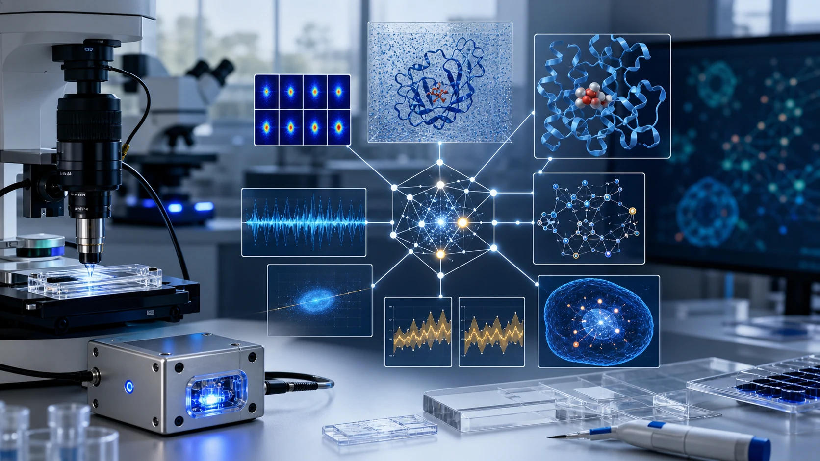 Quantum health laboratory evidence workflow with sensor hardware, biological sample, molecular model, and review panels