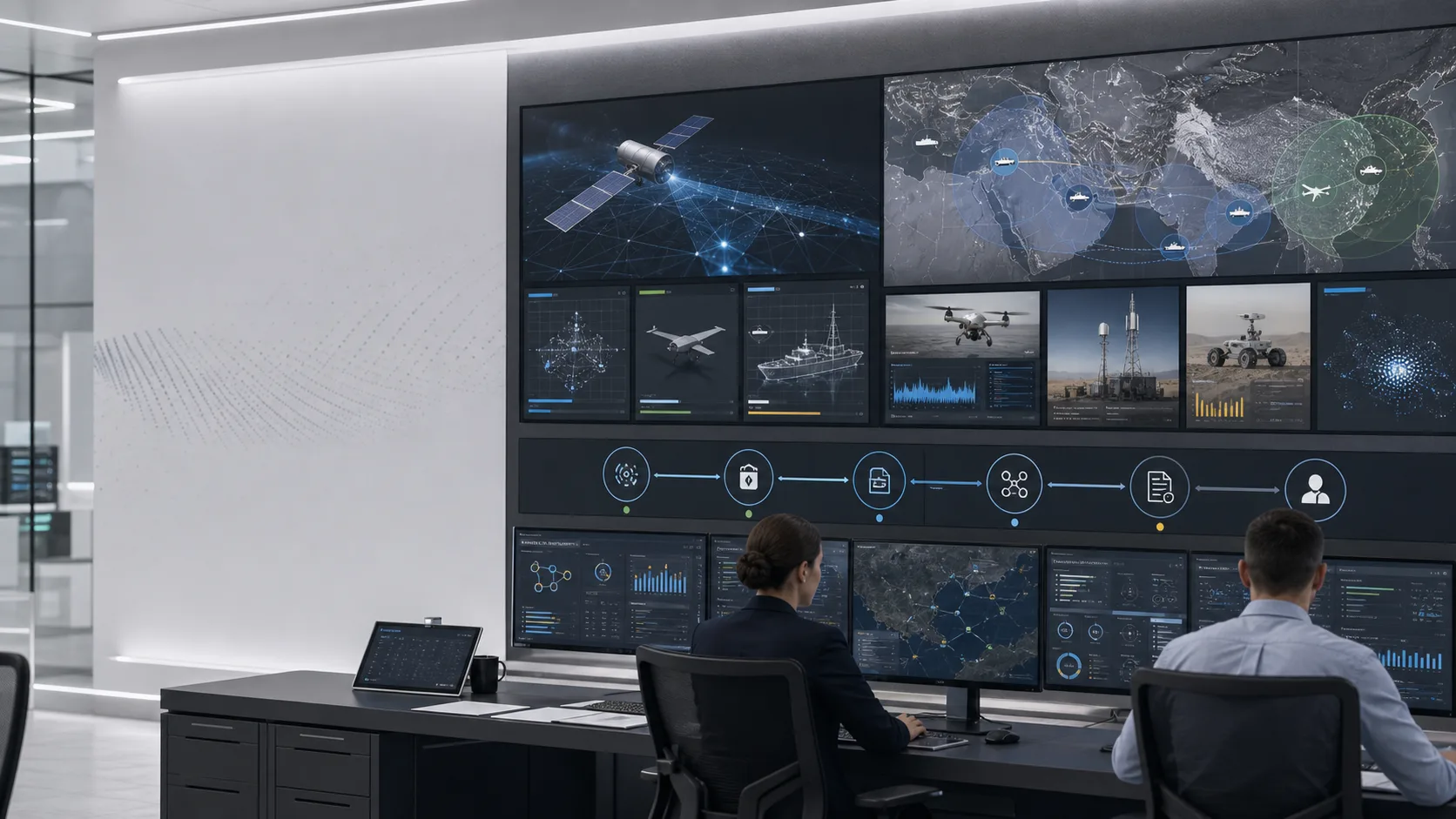 Defense research operations room connecting multidomain data, quantum-sensing records, secure communications, and review gates