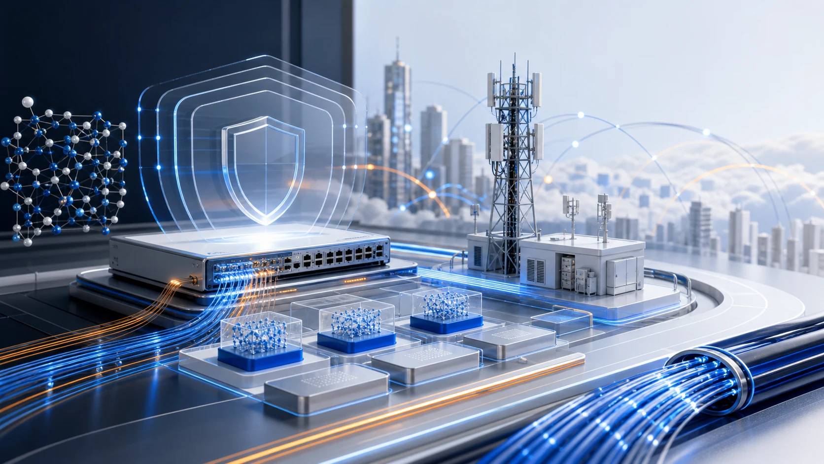 Bright illustration of network hardware, telecommunications towers, linked nodes, molecular structures, and a shield motif