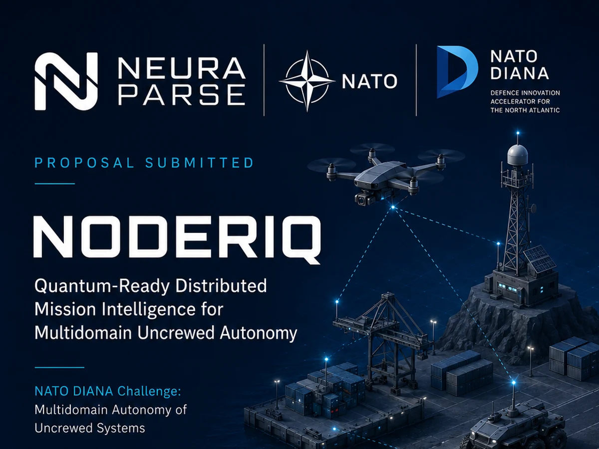 Public-safe Neura Parse NODERIQ proposal submitted poster for NATO DIANA's Multidomain Autonomy of Uncrewed Systems challenge, showing multidomain uncrewed autonomy with edge AI, mission orchestration, human-in-the-loop assurance, decision evidence, and public NATO DIANA challenge context.
