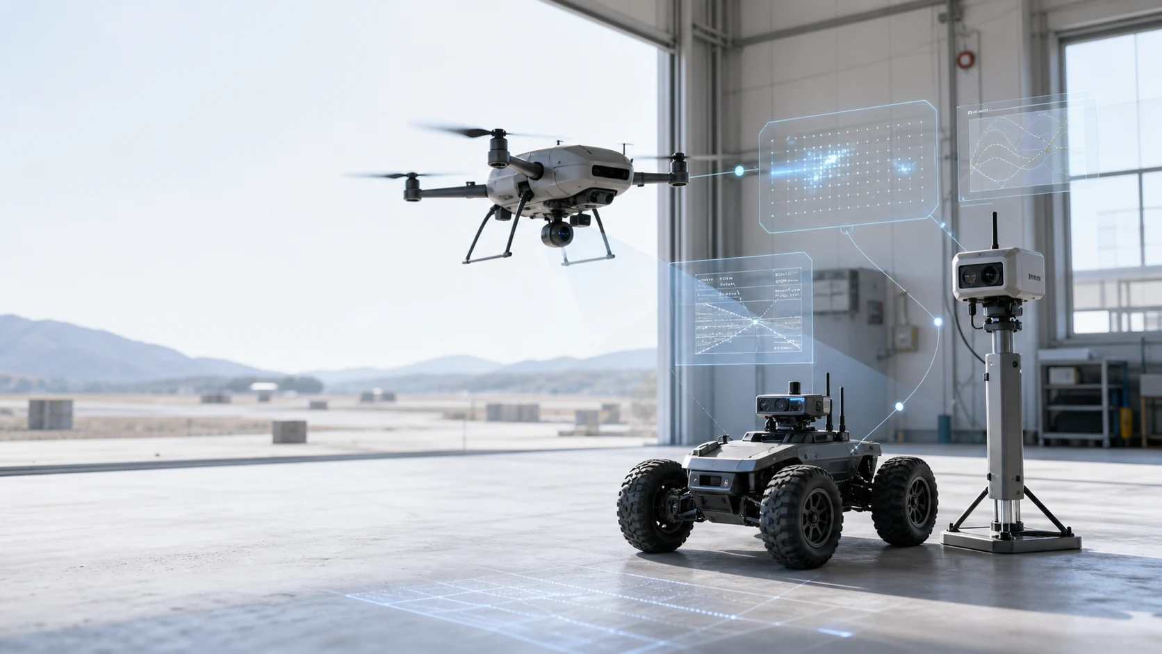 Concept scene with aerial and ground systems, fixed sensors, and a human operator coordinating a civilian field operation