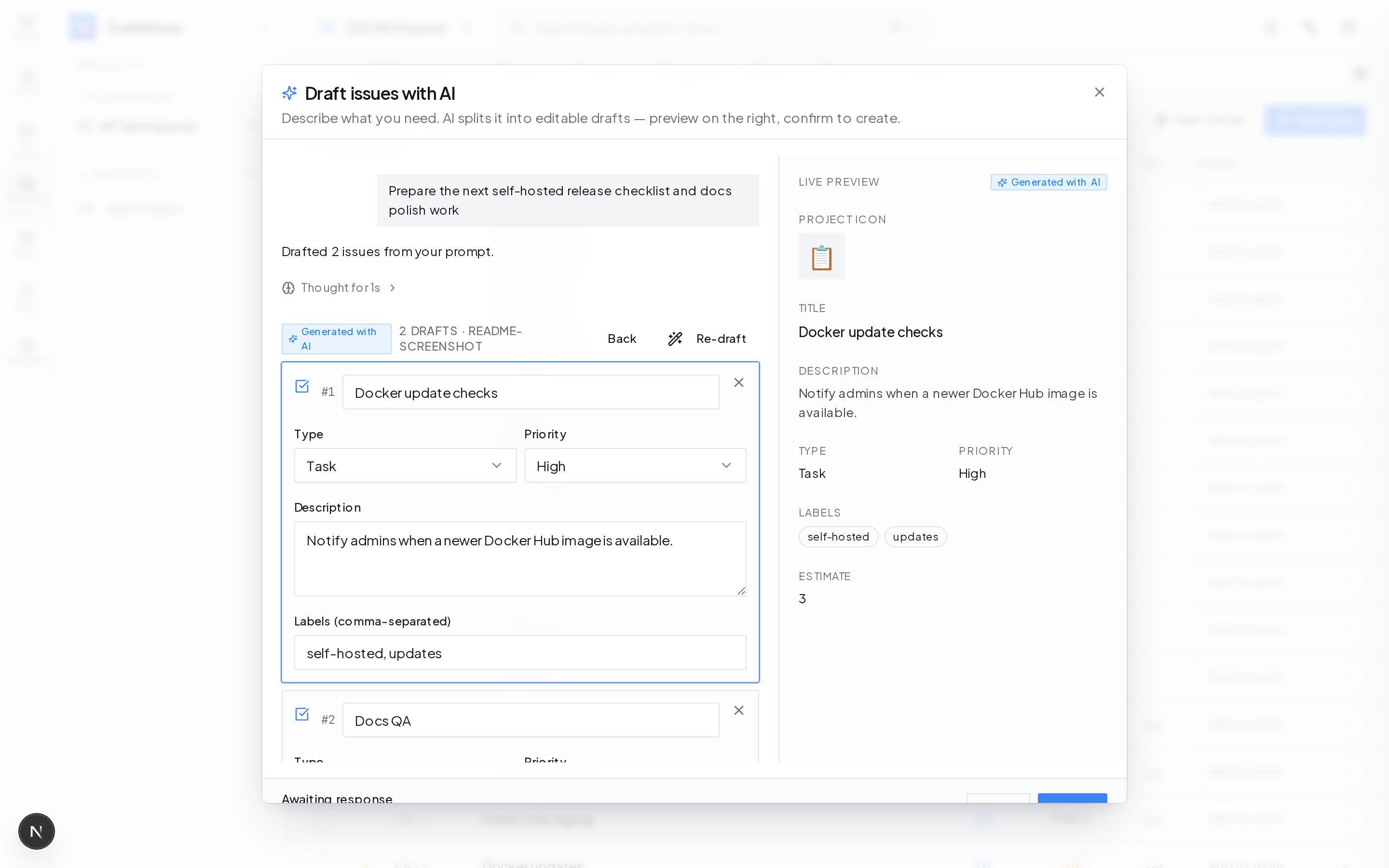 TaskNebula Draft with AI modal creating structured issue drafts from a prompt