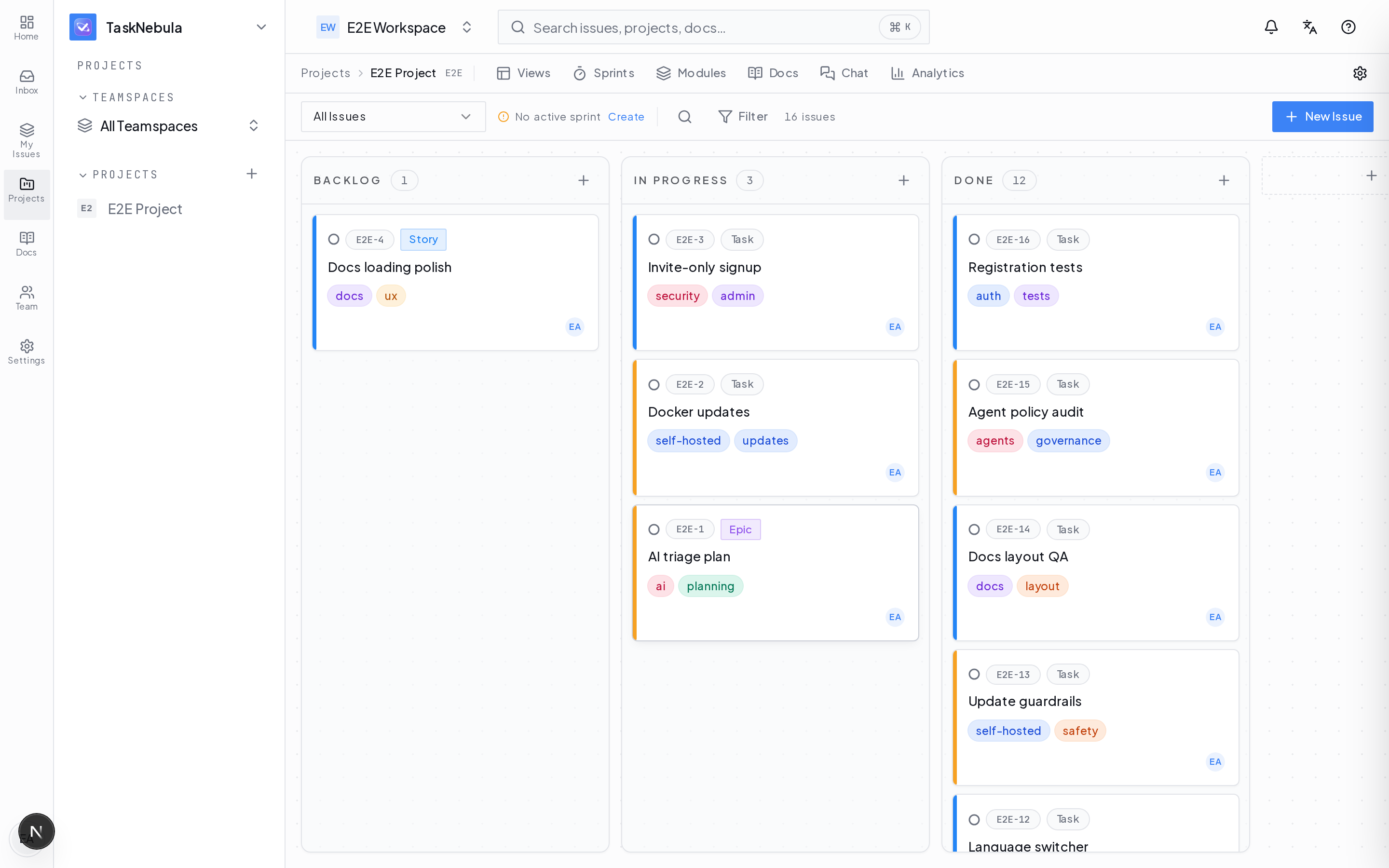 TaskNebula real-time Kanban board for self-hosted project management
