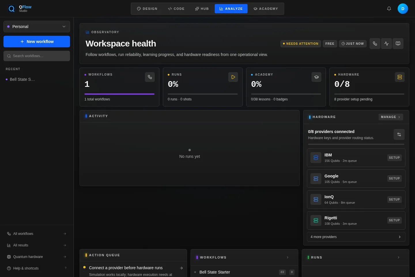 QFlow Studio observatory showing workflow and experiment status