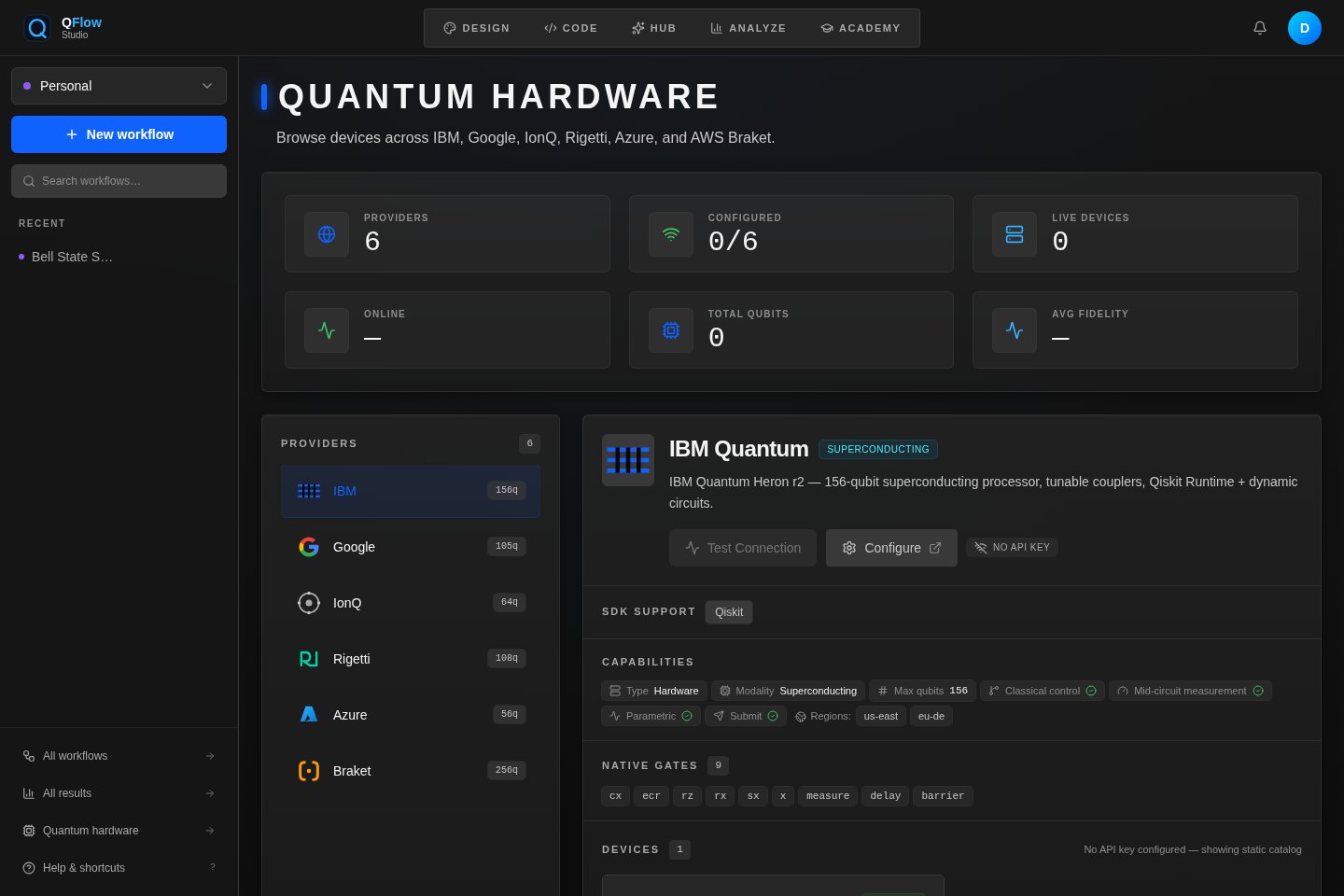 QFlow Studio provider connections screen for quantum hardware routing
