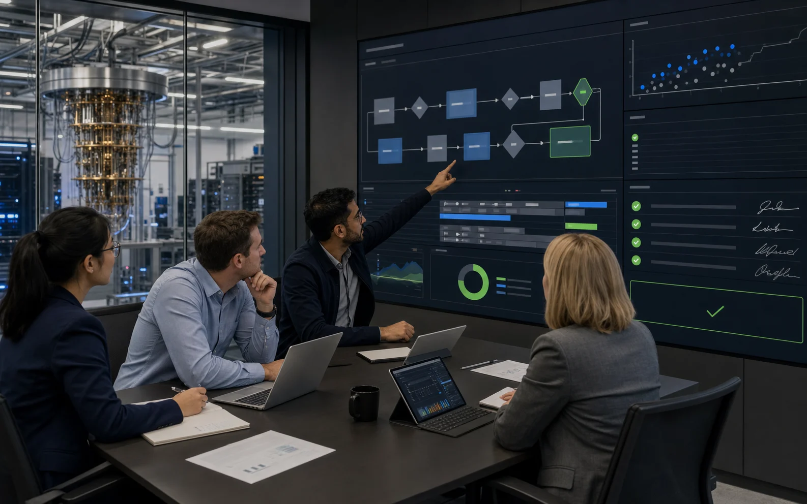 Concept visual of an enterprise team reviewing quantum pilot evidence