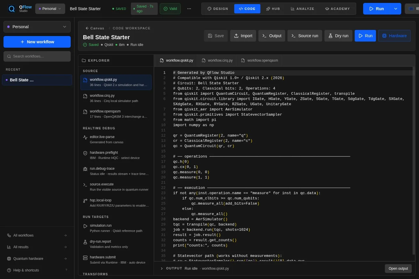QFlow Studio code view showing a Qiskit implementation beside the workflow